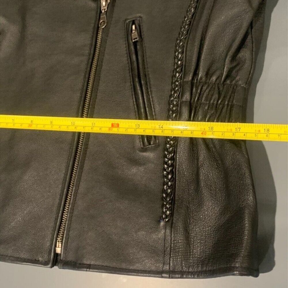 Black Genuine Leather Asymmetrical Zip Moto Jacket Braided Detail Womens Large - Picture 7 of 13